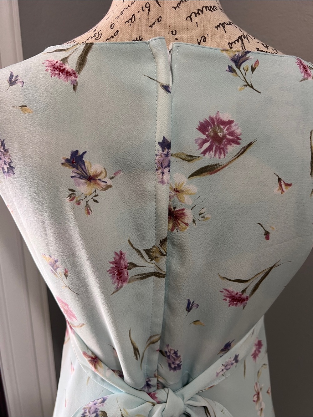 La Belle Vintage 90s Pastel Blue Floral Knee Length Dress Tie Back Bow 7 - Picture 6 of 12